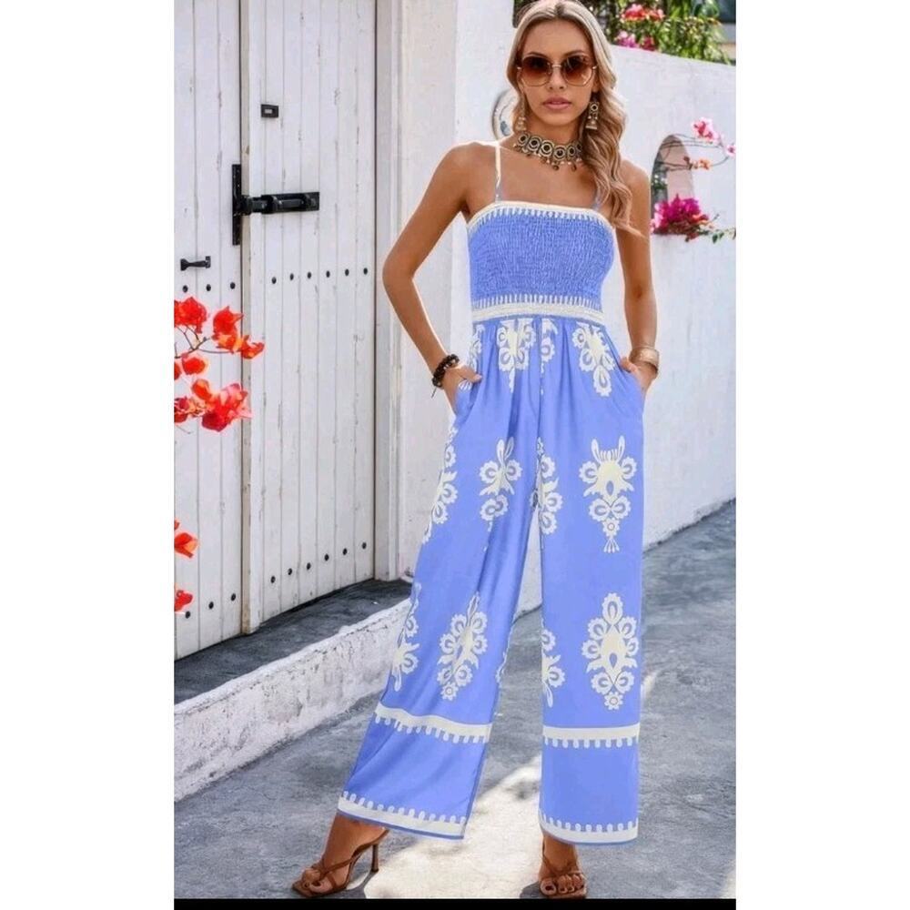 Off Shoulder Ruched High Waist Jumpsuit Wide Leg Detach Straps XXL Blue Wht NEW
